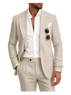 Men's 2 Piece Linen Suit Set Casual Summer Wedding Blazer Pants, Peak Lapel,